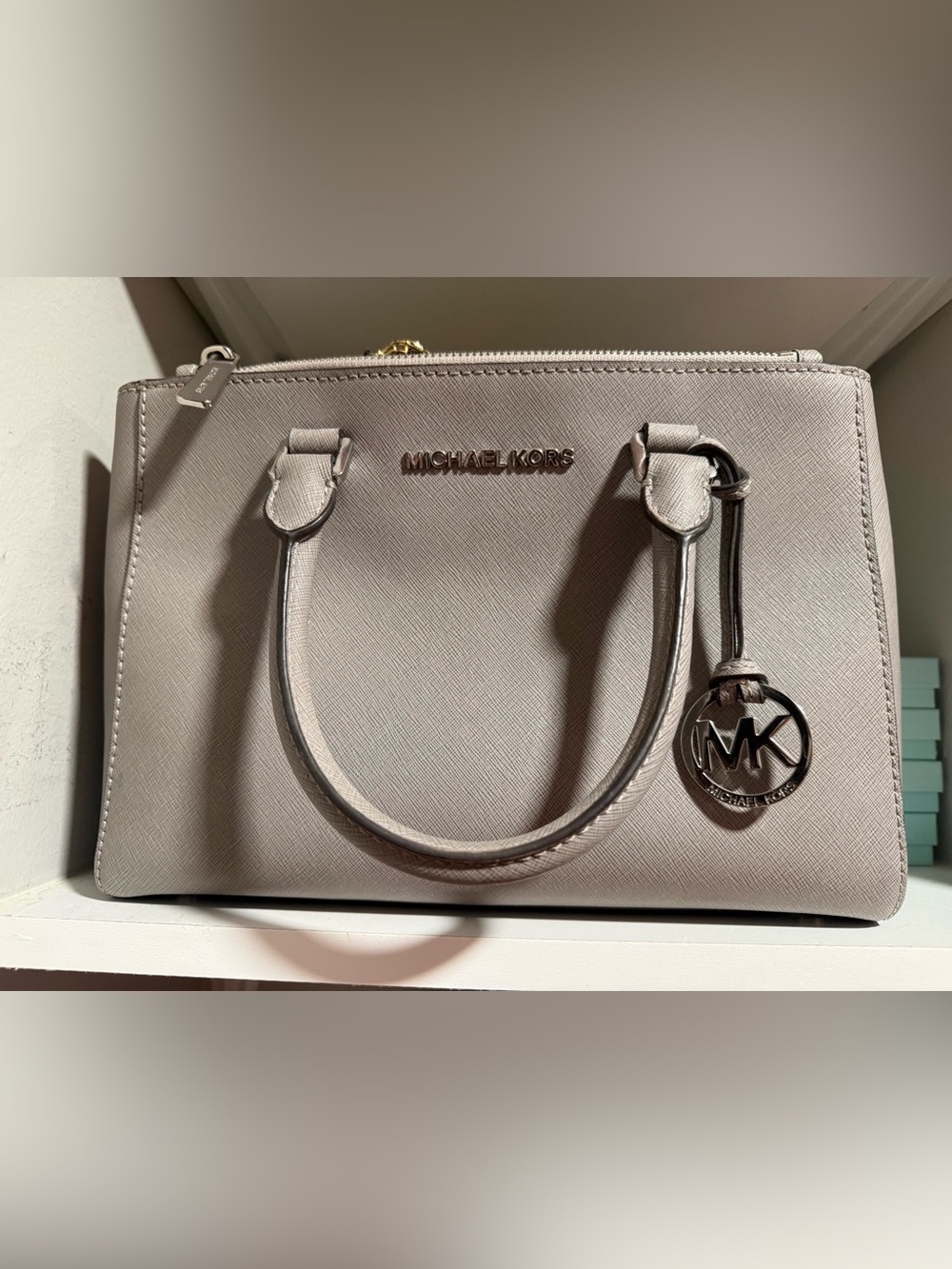 Michael Kors Saffiano Leather Satchel in Silver/Light Grey